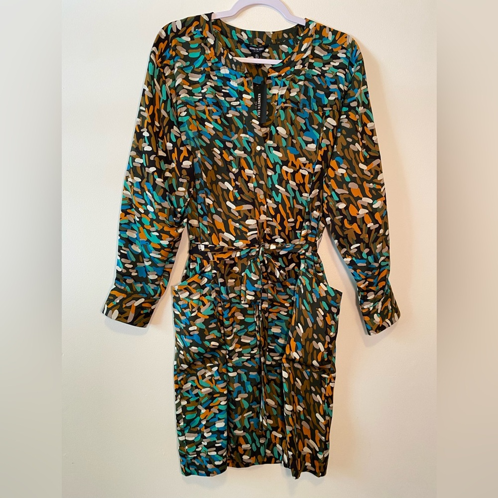 Kenneth Cole Belted Shirt Dress Abstract Print Green Blue Large